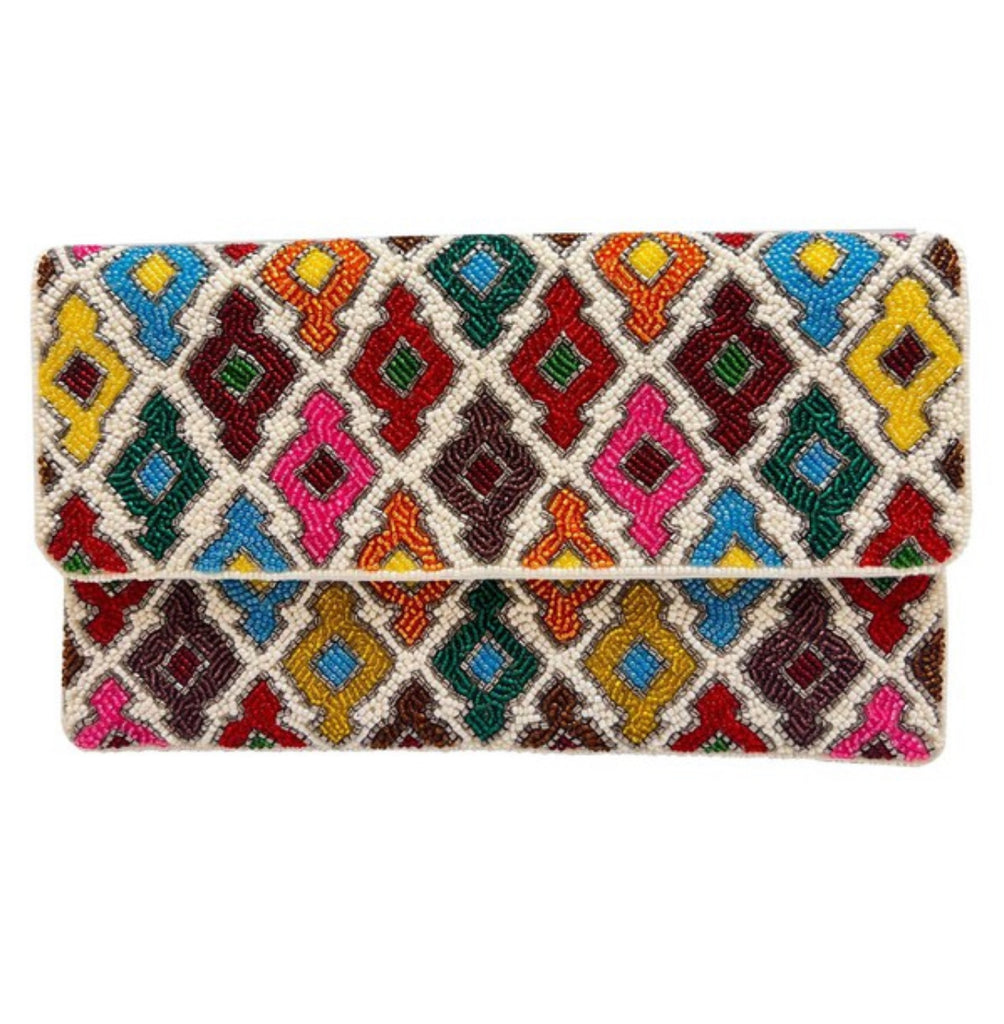Embroidered Beaded Clutch - Black Multi